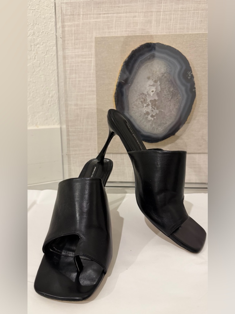 French Connection Black Leather Square-Toe Mule Heels Womens Size 9.5